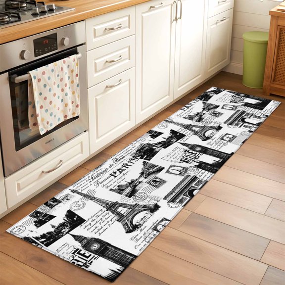 Vintage Art Washable Area Rug 2x6 International Buildings Paris Towers White Black Low-Profile Area Rugs with Non Slip Backing Indoor Floor Carpet for Entrance Living Room Bedroom Home Office
