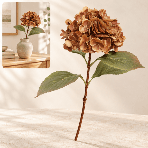 Vintage Artificial Hydrangea Bouquet, Brown Faux Dried Flower with Leaves for Vase and Table Centerpiece, 1-Piece