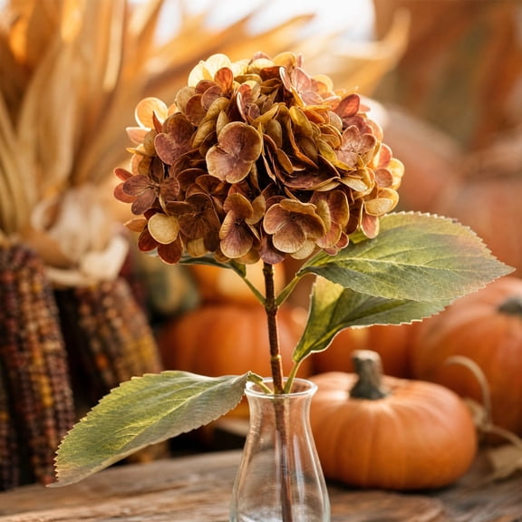 Vintage Artificial Hydrangea Flower,Brown Dried Style Hydrangea Bouquet with Leaves for Vase and Table Centerpiece,1 Pc