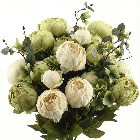 Vintage Artificial Peony & Hydrangea Bouquet Realistic Beige & Green Faux Flowers for Wedding Centerpieces Bridal Shower Valentines Christmas Table Decor