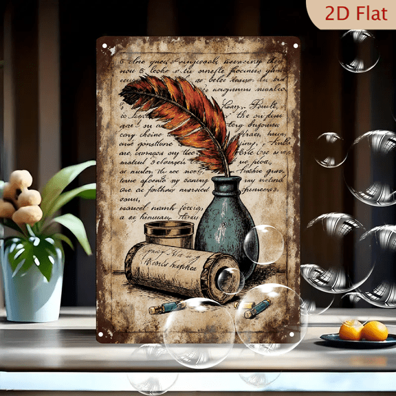 Vintage Artistic 8x12 Inch Metal Wall Art Featuring Blue-Green Ceramic Vase with Vibrant Feather, Old Parchment Script Background, Scroll and Inkwells, Antique Scholarly Aesthetic for Home Decor