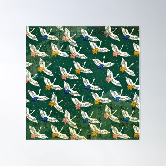 Vintage Asian Birds Pattern On (Faux) Jade-Colored Background Poster Wall Art, Modern Wall Decor For Living Room Bedroom, 17x17 UNFRAMED