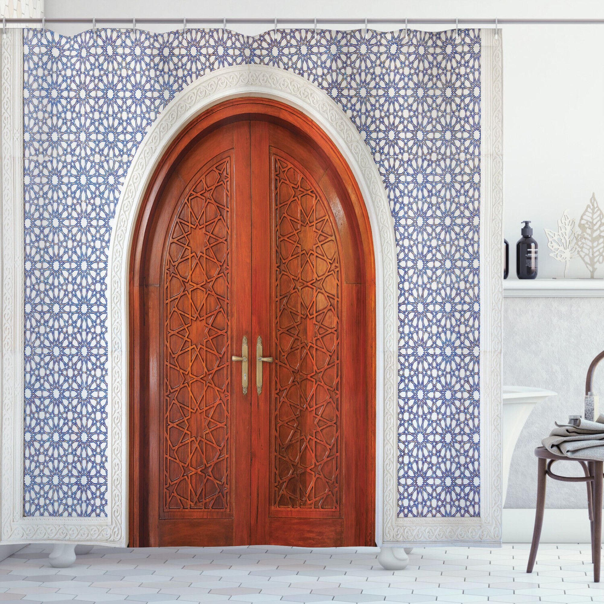 Vintage Asian Charm Wooden Door and Antique Stars Shower Curtain for a