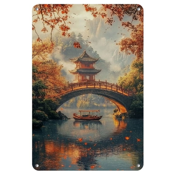 Vintage Asian Landscape Metal Tin Sign, 8x12 Inch Wall Hanging Decor for Home, Office, Hotel, Cafe, and Bar - Multipurpose Retro Art Statue Plaque, Iron, Plaque