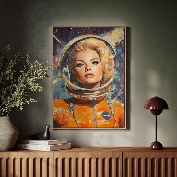 Vintage Astronaut Art, Elegant Female Space Explorer in Orange Suit, Retro Sci-Fi Wall Decor for Space Enthusiasts, home decor, art print, gallery wall, gift idea 12x18