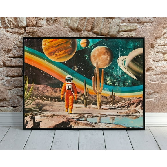 Vintage Astronaut Poster Retro Space Wall Decor Polaroid Style Space Alien Home Decor SciFi Art Polaroid Style Art Rainbow Futurism Surreal, 12x18 UNFRAMED