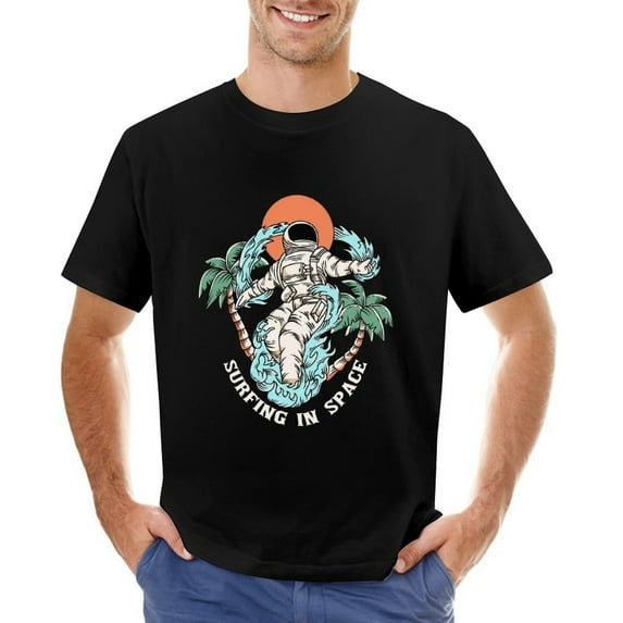 Vintage Astronaut Surfing at The Summer Beach Men’s Graphic T-shirt Vintage Short Sleeve Sport Tee Black L