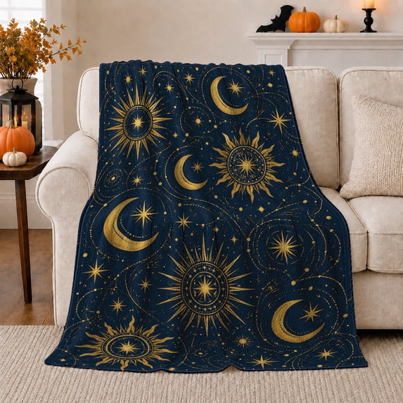 Vintage Astronomical Celestial Sun Moon, Mystical Celestial Art Scene, Warm Flannel Blanket for Home Library and Reading Nook, Celestial Art Lovers Housewarming Gift, Celestial Home Decor