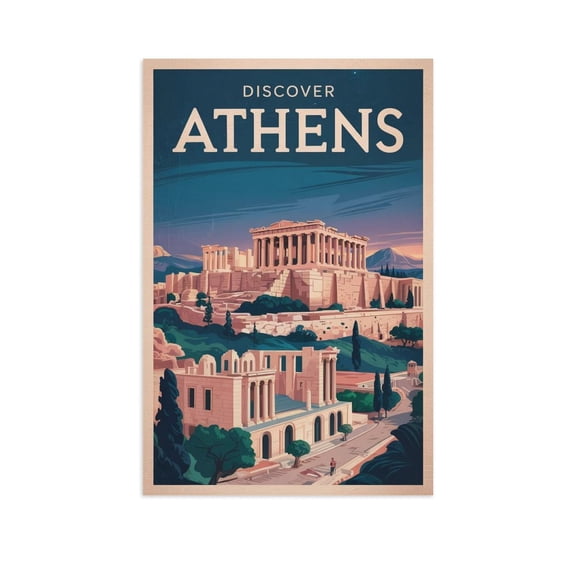 Vintage Athens Cityscape Retro Greek Tourism with Ancient Landmarks & Heritage Canvas Poster