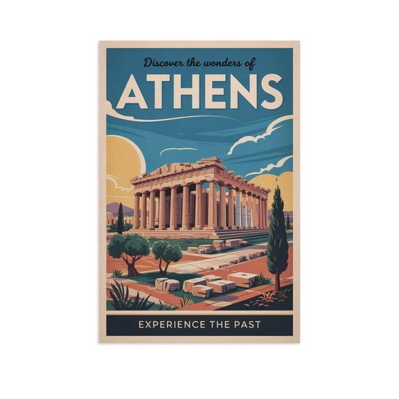 Vintage Athens Cityscape Retro Greek Tourism with Landmarks & Mediterranean Views Canvas Poster