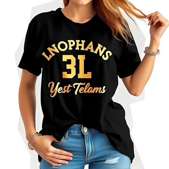 Vintage Athletic Oversized Black T-Shirt with Gold Lettering - "LNOPHANS 3L Yest Telams" - Casual Style for Women
