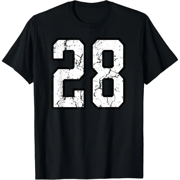 Vintage Athletic Style Varsity Number 28 Graphic T-Shirt - Retro Distressed Sports Numbered Jersey Tee for Men and Women - Classic Distressed Collegiate Apparel