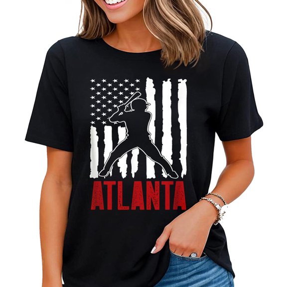 Vintage Atlanta American Flag Distressed Baseball T-Shirt Black Large