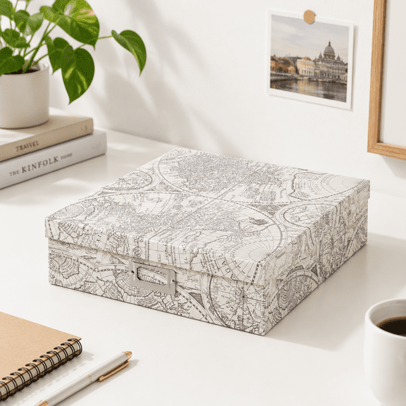 Vintage Atlas Travel Keepsake Storage Box 14.69x12.99x3.70 Inches for Scrapbooking and Mementos