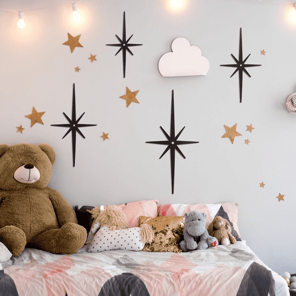 Vintage Atomic Star Wall Decor Set of 4 - Mid-Century Ironwork Octagonal Ornaments, Easy Mount Home Accents for Living Room.Decorative Sign