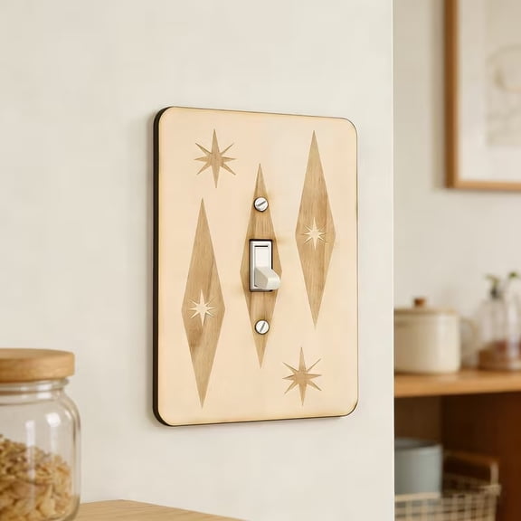 Vintage Atomic-Style Wooden Switch Panel with Toggle Switch Cover - Retro Mid-Century Modern Starburst Design for American Country Homes