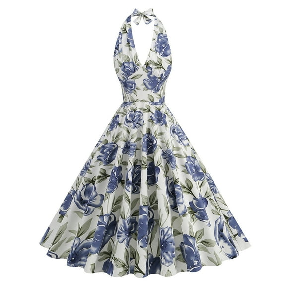 Vintage Audrey Hepburn Cocktail Dress for Women 50s Elegant Halter V Neck Floral Printed A-Line Party Swing Dresses