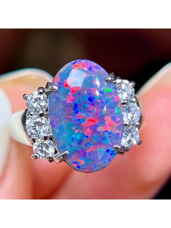Vintage Australia Fire Black Opal Ring | 18K White Gold Ring Handmade Jewelry Gift All Occasion Gifted Ring