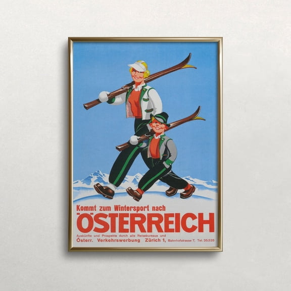 Vintage Austria Ski Poster: Mom And Son Winter Art UNFRAMED PAPER POSTER, Home Decor