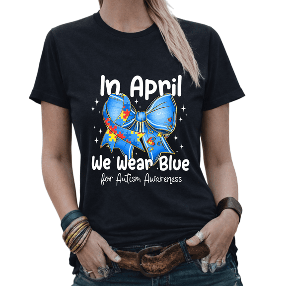 Vintage Autism Awareness Blue Bow Graphic Tees Womans Casual Tshirt Tops Black/White S-5XL