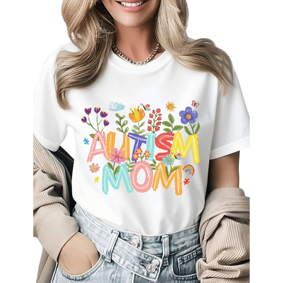 Vintage Autism Support Mom Life Graphic Tees Womans Casual Tshirt Tops Black/White S-5XL