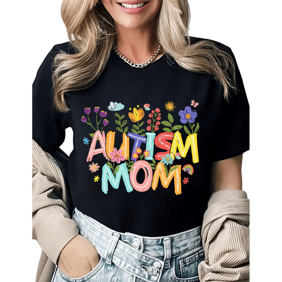 Vintage Autism Support Mom Life Graphic Tees Womans Casual Tshirt Tops Black/White S-5XL