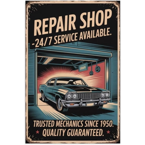 Vintage Auto Repair Shop Poster, Retro Car Service Garage Wall Art Print, Unframed, 8 x 12 Inch