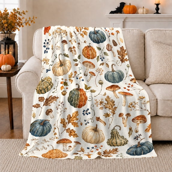 Vintage Autumn Botanical Pumpkin Scatter Rustic Fall, Cozy Friendship Quote Scene, Warm Flannel Blanket for Living Room and Reading Nook, Art Lovers Thanksgiving Gift, Artistic Home Decor