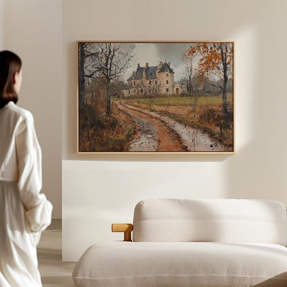Vintage Autumn Castle Painting, Rustic European Manor Wall Art with Muddy Path and Fall Trees, Cottagecore Landscape Print, wall decor, home decor, art print, gift idea, Unframed Poster 8x12