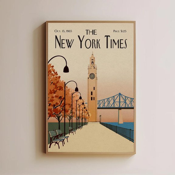 Vintage Autumn Cityscape Retro Montreal Waterfront Clock Tower Old Money Decor, Unframed Canvas
