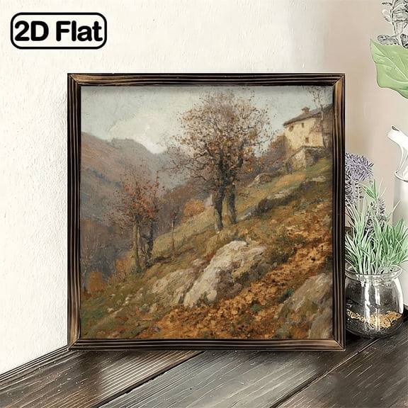 Vintage Autumn European Landscape Oil Painting Print Framed Wall Art Decor for Living Room Bedroom Office, Rustic Hillside House Art for Family Friends Housewarming Gift, 8x8 Inch Decor