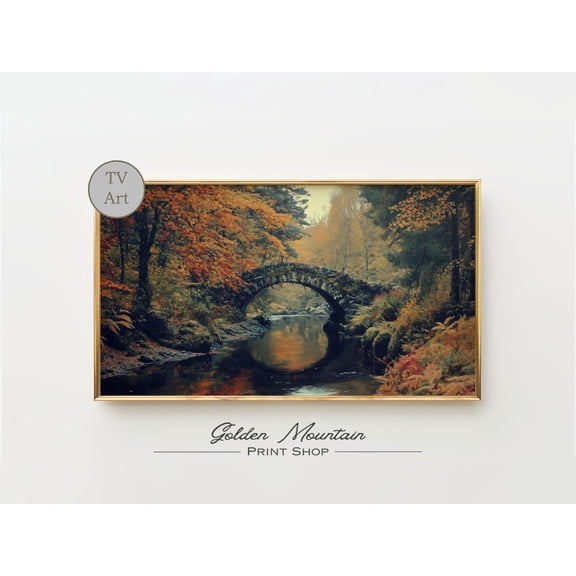 Vintage Autumn Farmhouse Bridge, Rustic Forest River, Cozy Fall, River Landscape Wall Decor Home Decor UNFRAMED Poster, Wall Art for Decor, Present, 16x24