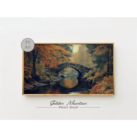 Vintage Autumn Farmhouse Bridge Rustic Forest River Cozy Fall River Landscape Wall Decor