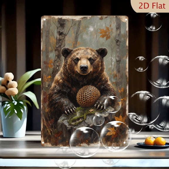 Vintage Autumn Forest Brown Bear Sitting on Mossy Rock with Honeycomb Ball, 8x12 Inches Metal Wall Art, Painterly Wildlife Decor for Home Office