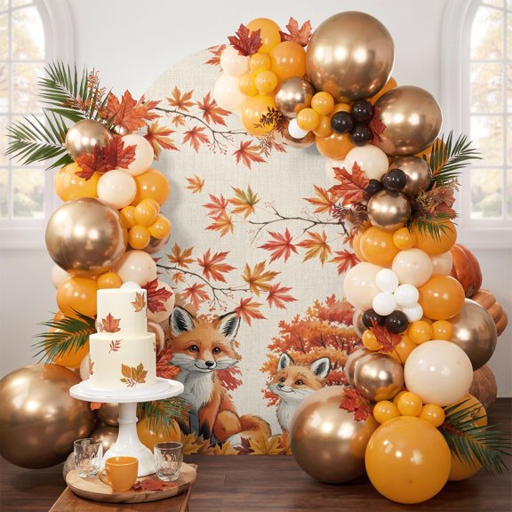 Vintage Autumn Fox Arch Backdrop Cover Spandex Fitted Arch Cover 6.6FT,Arches Backdrop Stand Covers for Wedding Birthday Party Ceremony Banquet Decoration Fall Maple Leaves on Linen