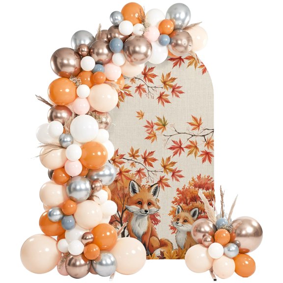 Vintage Autumn Fox Arch Backdrop Cover Spandex Fitted Arch Cover 7.2FT,Arches Backdrop Stand Covers for Wedding Birthday Party Ceremony Banquet Decoration Fall Maple Leaves on Linen