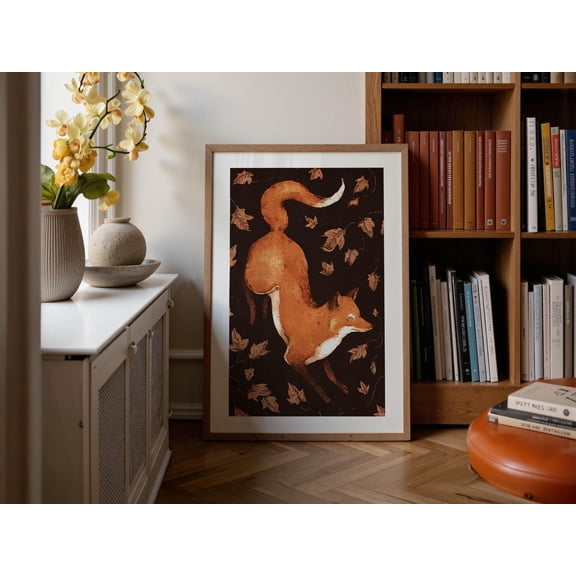Vintage Autumn Fox Wall Art Poster Woodland Animal Fall Leaves Illustration Decor 8x12 UNFRAMED