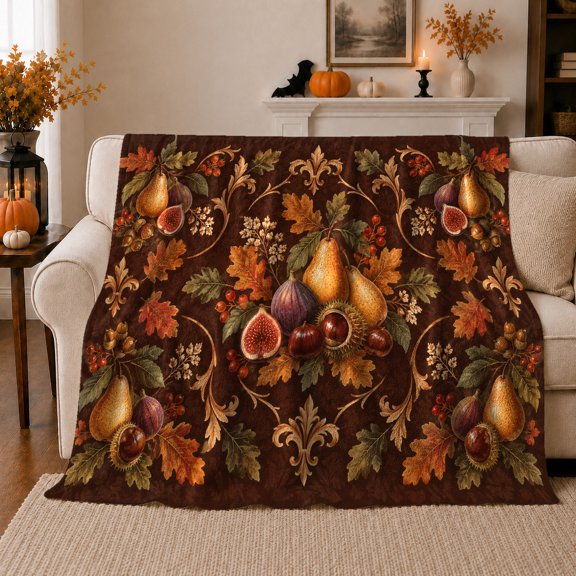 Vintage Autumn Harvest Pears Figs Chestnuts Still Life, Festive Artistic Scene, Warm Flannel Blanket for Living Room and Bedroom, Art Lovers Thanksgiving Gift, Artistic Home Decor