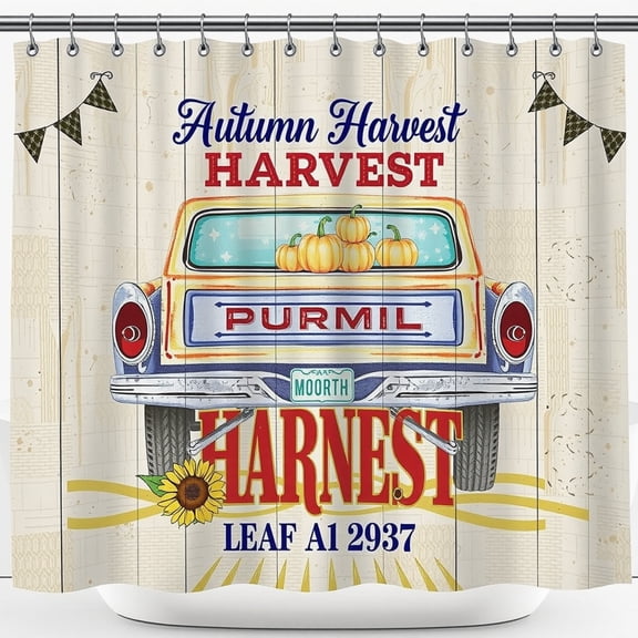Vintage Autumn Harvest Shower Curtain with Retro Truck Pumpkins Sunflowers & Rustic Design