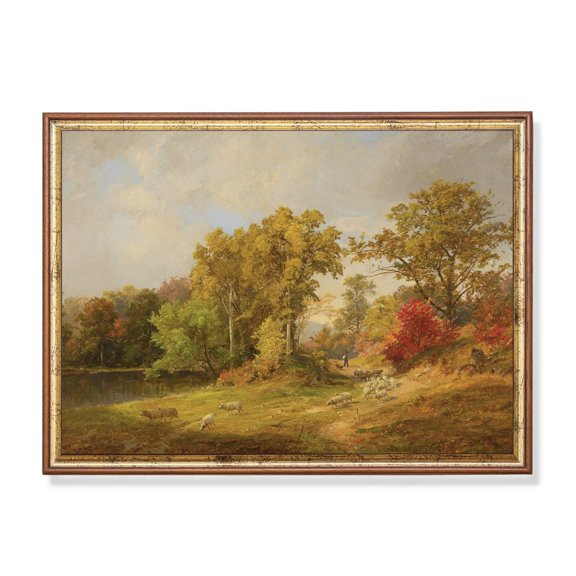 Vintage Autumn Landscape Pastoral Sheep & Shepherd Home Decor, 8x12 UNFRAMED