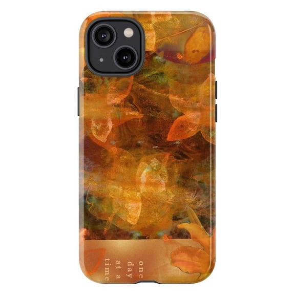 Vintage Autumn Leaves and Floral Pattern Phone Case, Warm Orange Fall Design with "One Day at a Time" Quote, Protective iPhone Cover for iPhone 16 15 14 13 12 11 Pro Max Mini