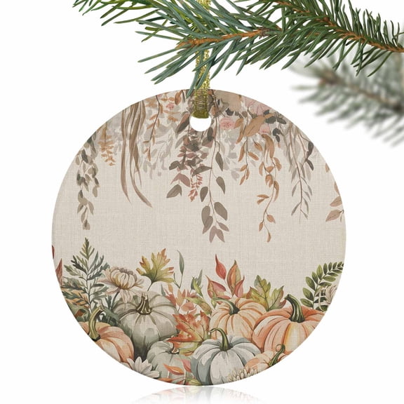Vintage Autumn Leaves Pumpkin Christmas Ceramic Ornament 2025,3" Round Xmas Tree Hanging Accessories with Gold Ribbon
