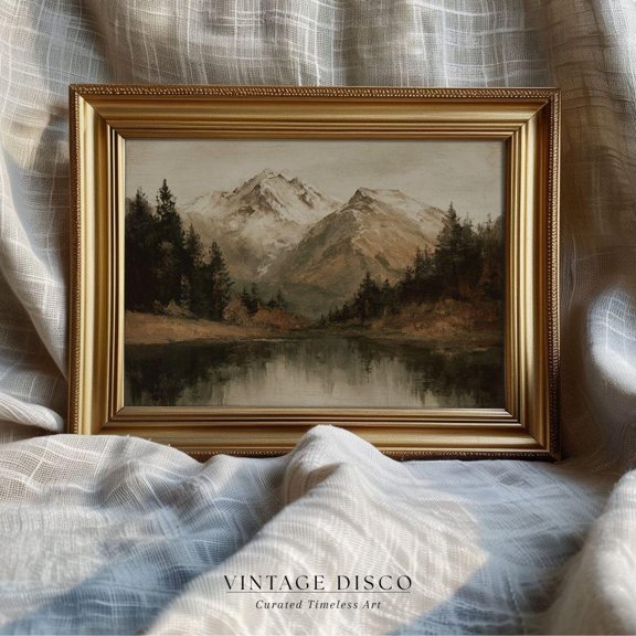 Vintage Autumn Mountain Lake Landscape Rustic Light Moody Fall Farmhouse Decor Cottagecore Winter Decor