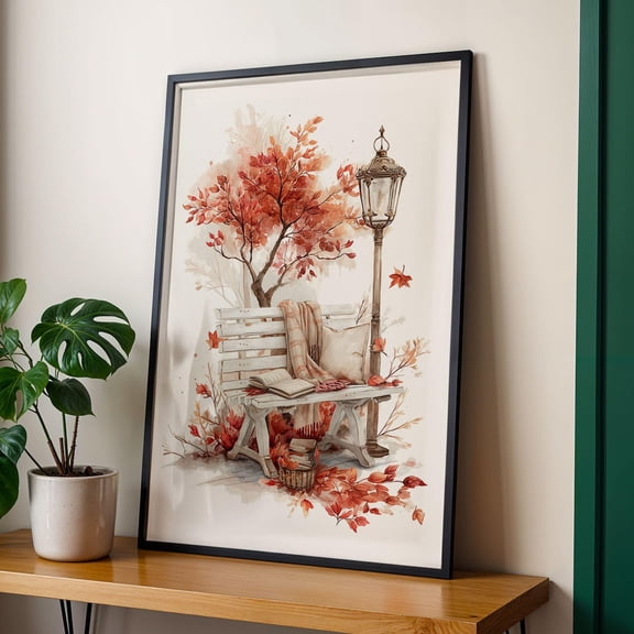 Vintage Autumn Park Bench Art Print Poster Cozy Fall Decor, Size 8x12 UNFFRAMED F03.1.6l1714
