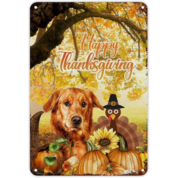 Vintage Autumn Pug Dog Metal Tin Sign Thanksgiving Pumpkin Turkey Wall Art Rustic Home Decor for Bedroom Cafe Bar Office Garage 12x8 Inch