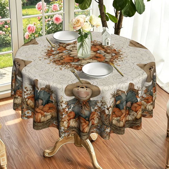 Vintage Autumn Pumpkin Sunflower Leaf Border Print Round Tablecloth, Outdoor Bistro Terrace Cottage Holiday Table Decor, Thanksgiving & Christmas Gift