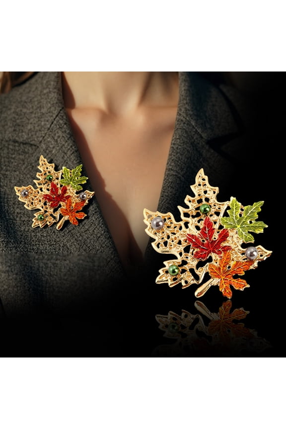 Vintage Autumn Red Green Gold Maple Leaf Pearl Brooch for Women,Alloy Enamel Lapel Pin, Elegant Fall Fashion Dress Coat Hat Accessory Jewelry