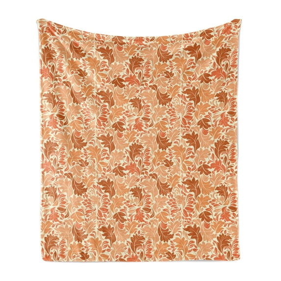 Vintage Autumn Soft Flannel Fleece Throw Blanket, Depiction of Repetitive Curved Leaves Designed in Peachy Tones, Cozy Plush for Indoor and Outdoor Use, 50" x 60", Salmon Rust and Cream, by Ambesonne
