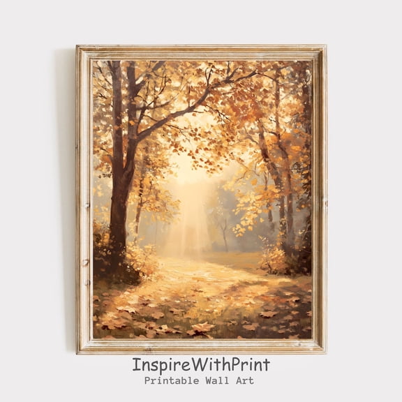 Vintage Autumn Sunshine Forest Wall Art, Fall Leaves , Moody Fall Landscape Printable, Fall Trees Print, Fall Sunshine Scenery, Size 8x12 UNFFRAMED