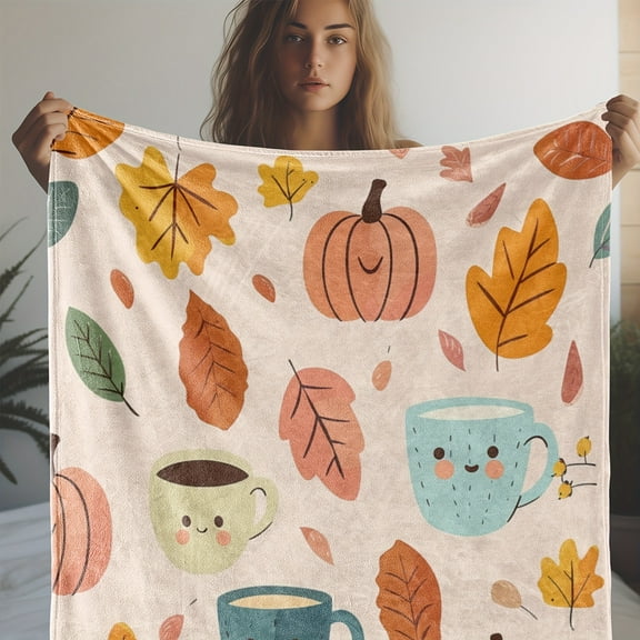 Vintage Autumn-Themed Flannel Throw Blanket with Pumpkin Coffee Cup and Leaf Print Soft Warm Cozy Knitted Blanket for Sofa Bed Car Office Camping Travel All Seasons Gift Blanket